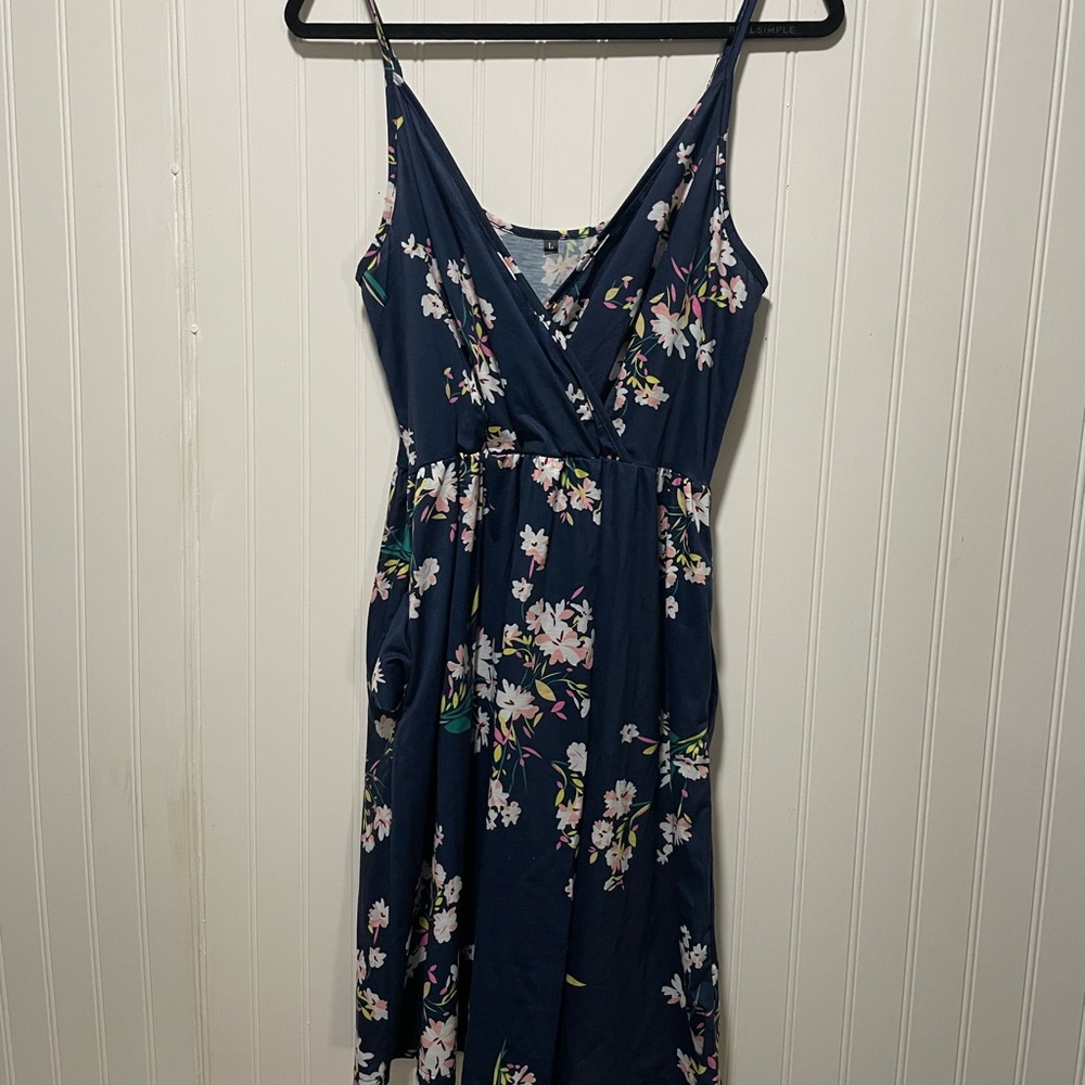 Blue and White Midi Sundress with Spaghetti Straps